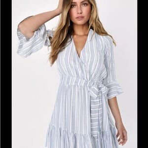 NWT Lulus Romance on the Riviera Blue Striped Bell Sleeve Mini Dress